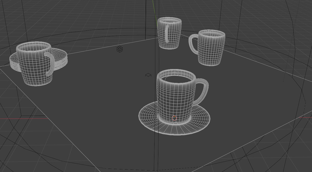 Café sur une table, vue 3D filaire
