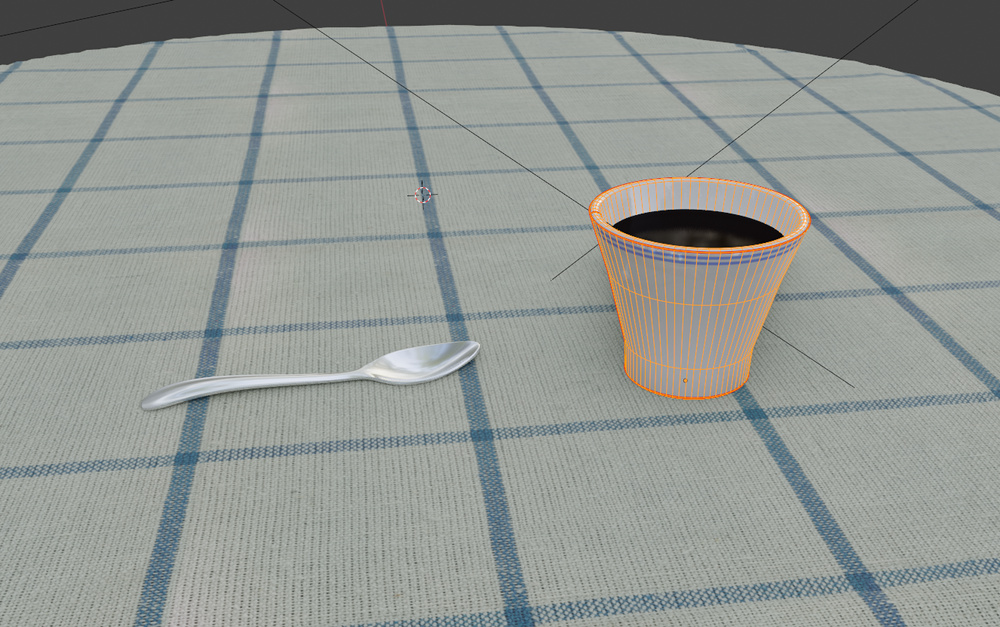 Café sur une nappe, vue de travail en 3D