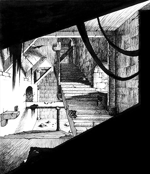 Escalier, encre de Chine sur papier Canson